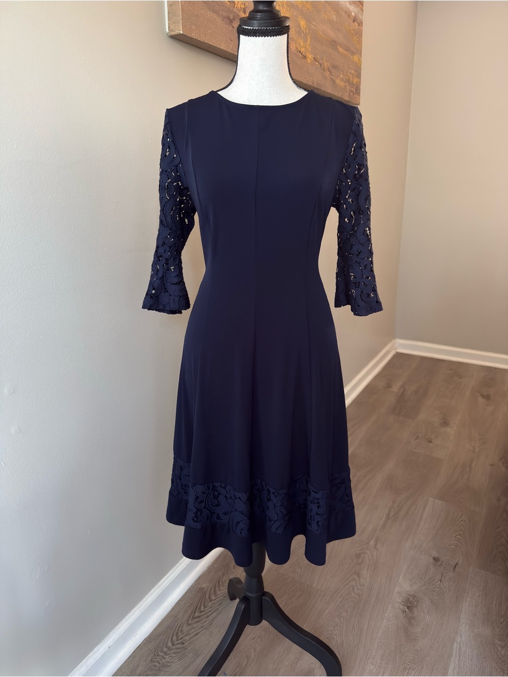 Jessica Howard Navy Blue Lace Sleeve Dress Size 8 Knee Length / Midi Fit Flare